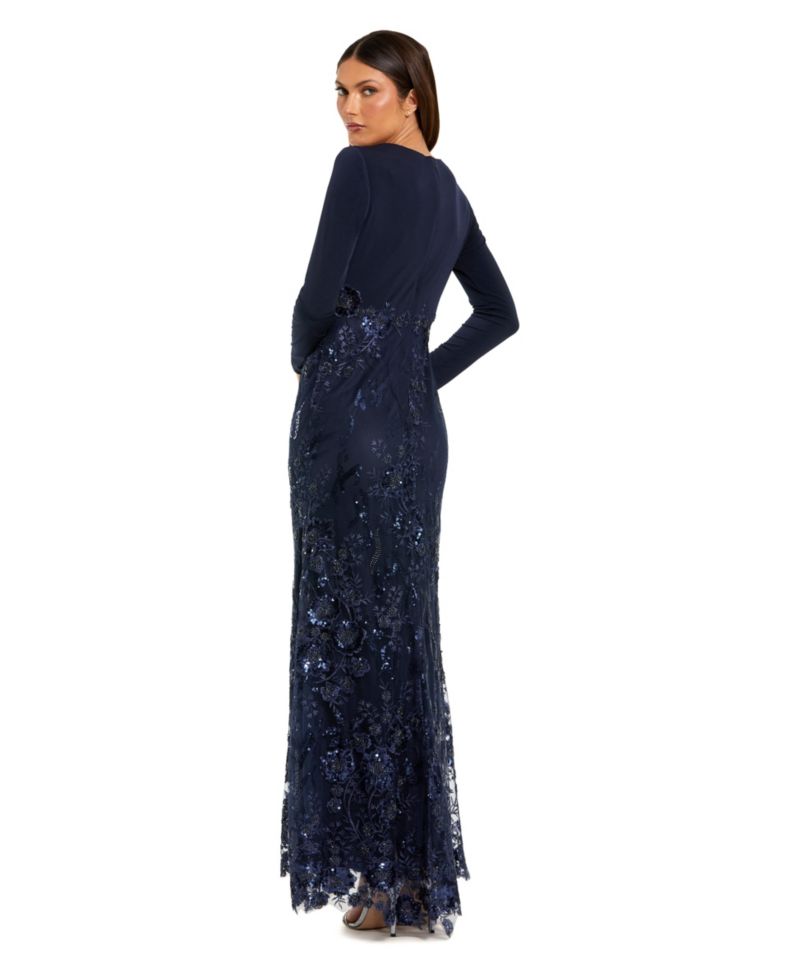 Embellished Long Sleeve Wrap Over Trumpet Gown