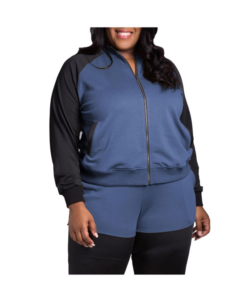 Women's Plus Size Curvy Fit Zip Up Contrast Blocked Sweatshirt Jacket