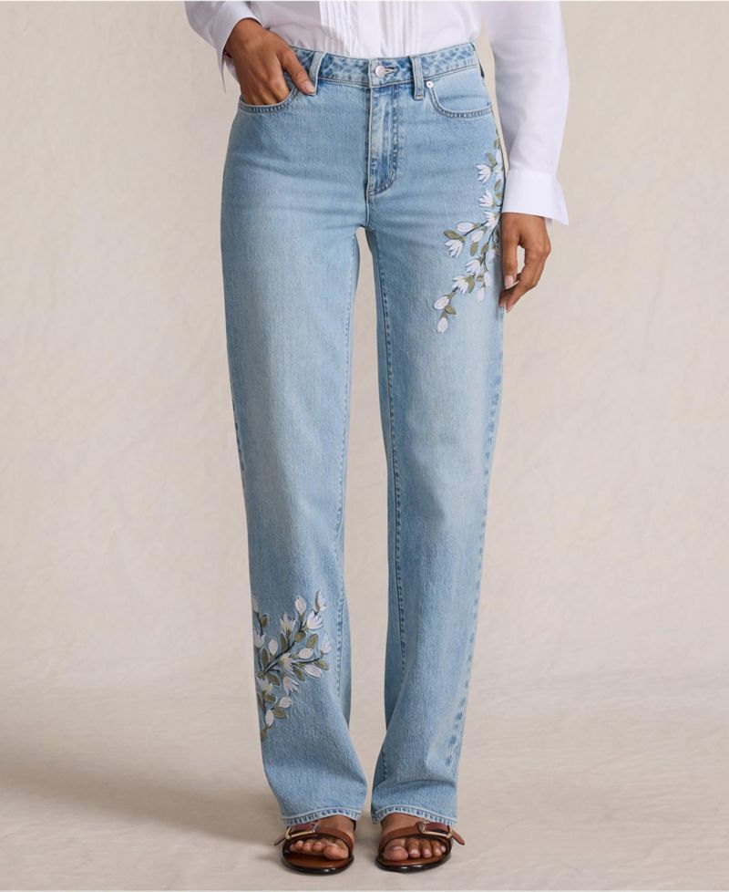 Women's Tall Soft Denim Mid Rise Relaxed Straight Leg Embroidered Jeans