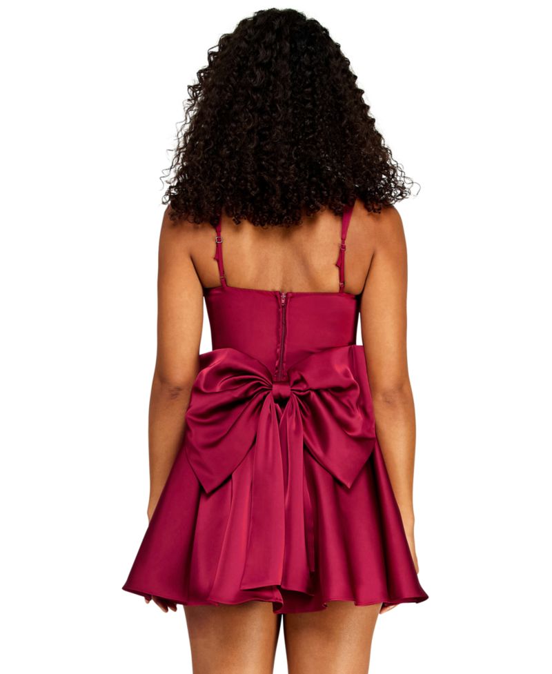 Juniors' Square-Neck Corset-Bodice Back-Bow Mini Dress