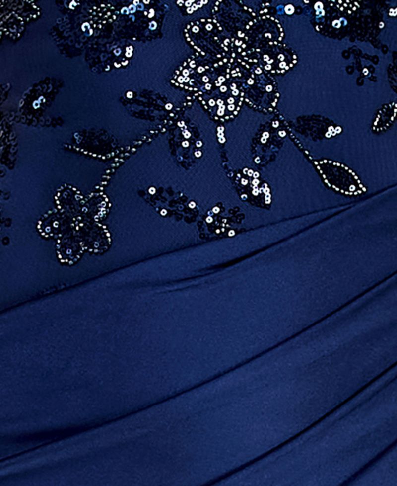 Juniors' V-Neck Beaded Sequin Asymmetrical Waist Gown