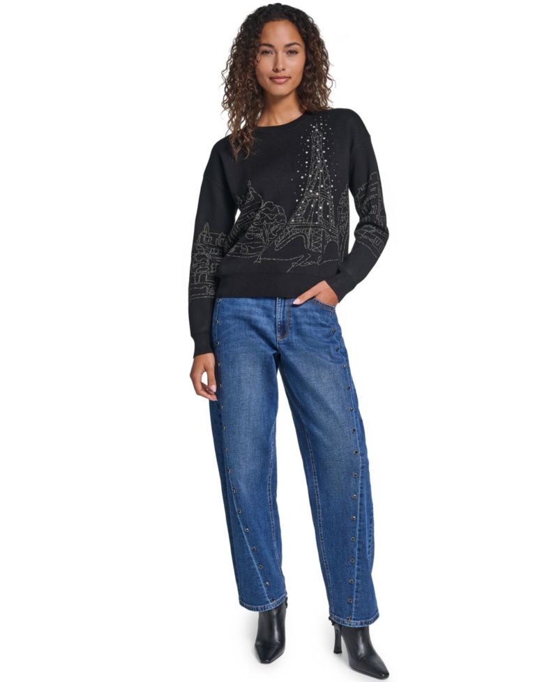 Women's Paris Scene Embellished Fitted Crewneck Sweater