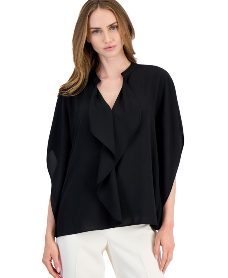 Petite Dolman Flutter Y-Neck Chiffon Blouse