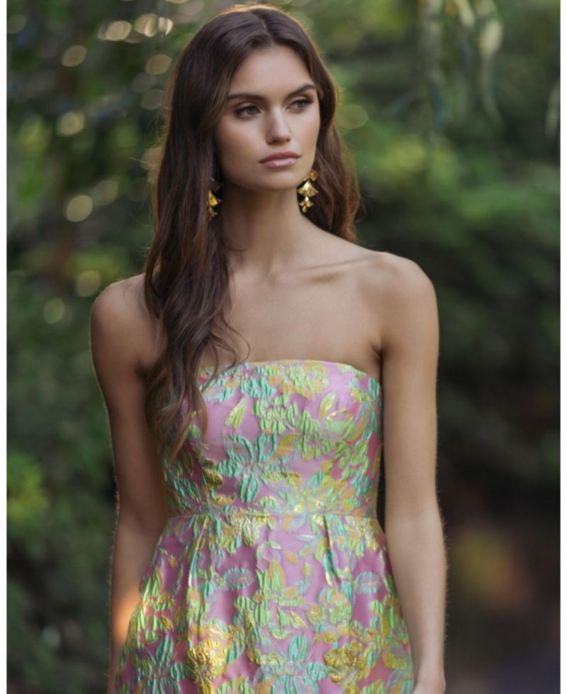 Women's Strapless Floral Brocade Midi Dress