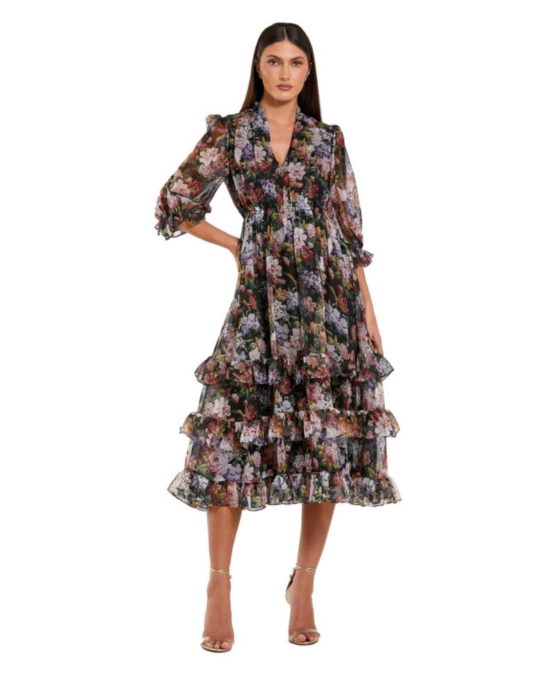 Women's Chiffon 3/4 Sleeve A Line Midi Dress With Ruffles