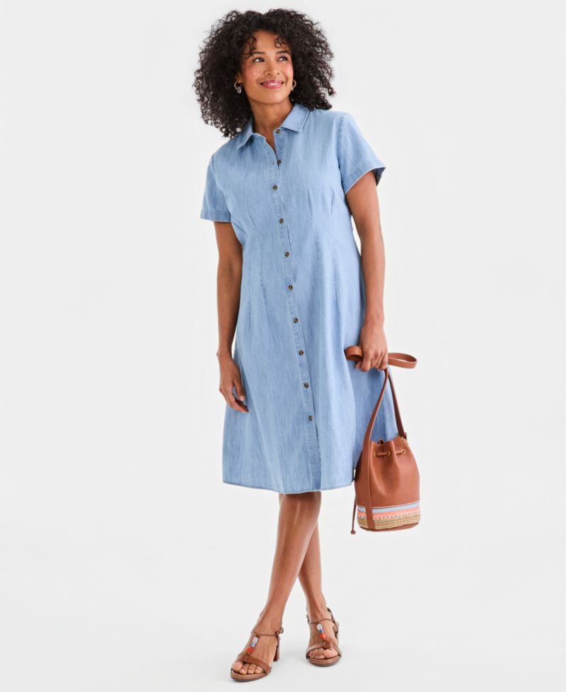 Women's Cotton Chambray Short-Sleeve Shirt-dress