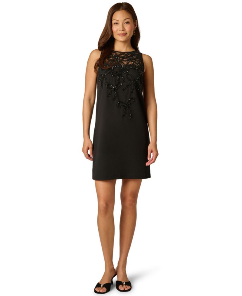 Women's Bow Bead Boat Neck Crepe Dress