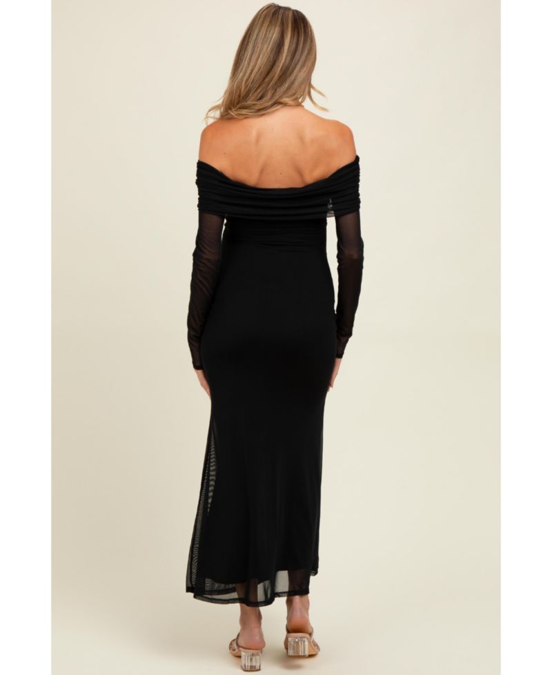 Women's Black Mesh Overlay Off Shoulder Long Sleeve Midi Dress