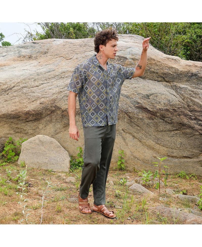 Men's Lapis Blue & Yellow Ochre Geometric Block Oversized Shirt