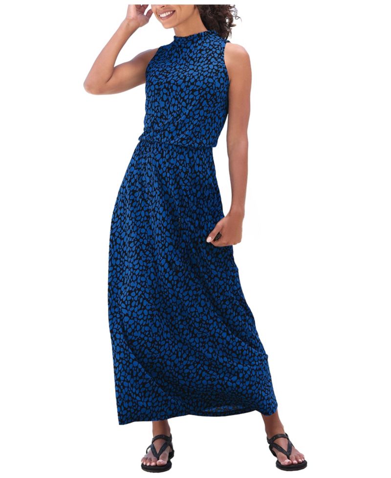 Women's Viscose Printed High Neck Ruffle-Trim A-Line Maxi Dress