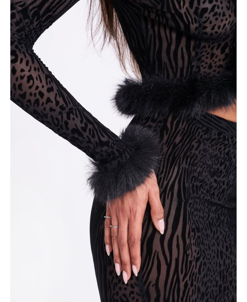 Women's Hali Black Animal Print Burnout Velvet Fur Trim Top