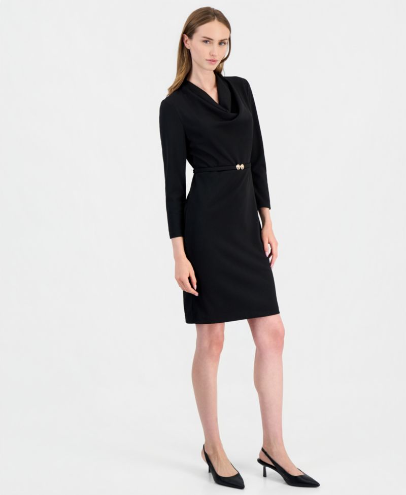 Women's Cowl-Neck Belted Long-Sleeve Dress