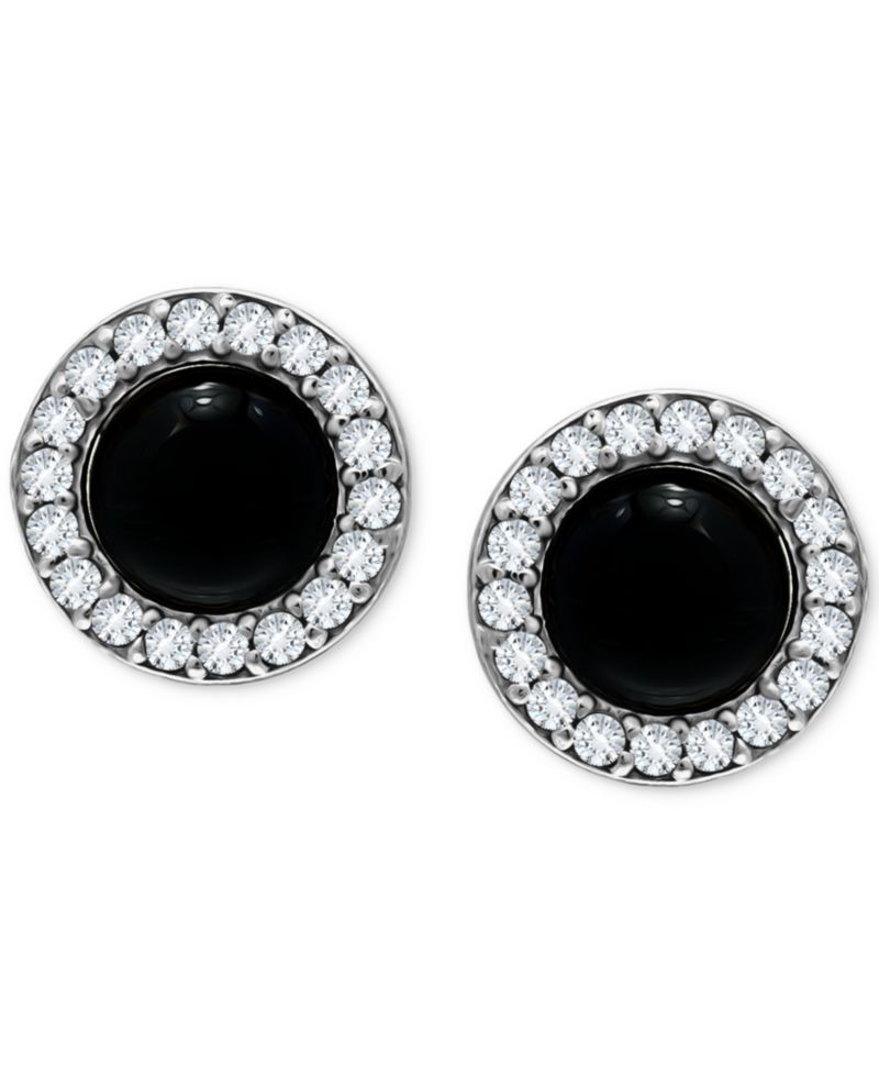 Onyx & Cubic Zirconia Halo Stud Earrings in Sterling Silver