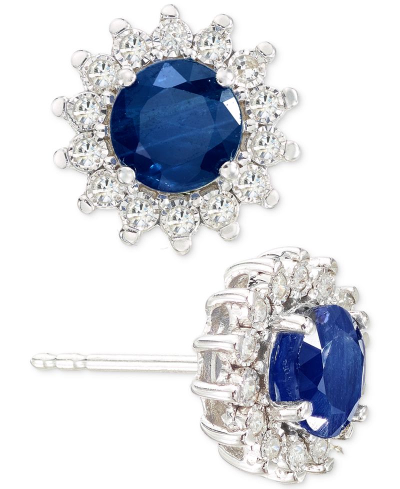 EFFY® Sapphire (1-1/6 ct. t.w.) & Diamond (1/6 ct. t.w.) Halo Stud Earrings in 14k White Gold or Two Tone Gold (Also available in Ruby, & Emerald)