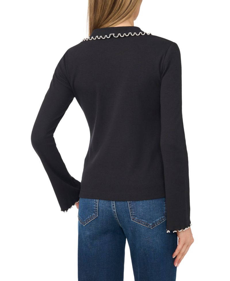 Women's Lettuce-Edge Bell Sleeve V-Neck Button-Down Blouse