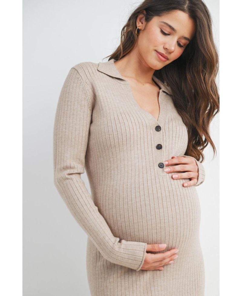 Women's Long Sleeve Ribbed Collared V Neck Nursing Dress