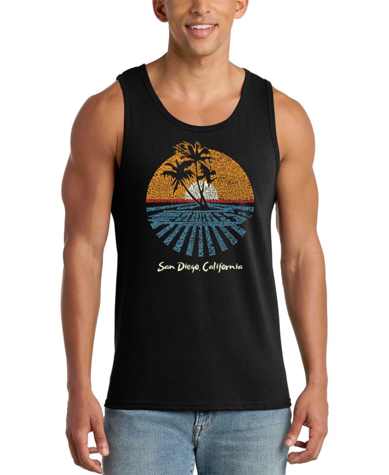 Men's Sunset Palm Tree Beach Scene Word Art Graphic Tank Top