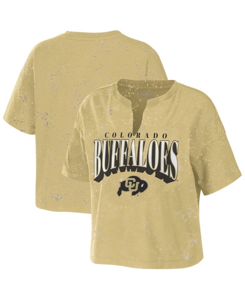 Women's Tan Colorado Buffaloes Bleach Wash Splatter Cropped Notch Neck T-Shirt
