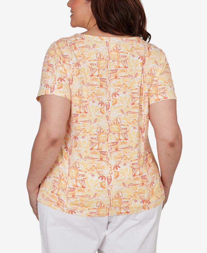 Plus Size Printed Stretch Jersey Short-Sleeve Bead Neck Top
