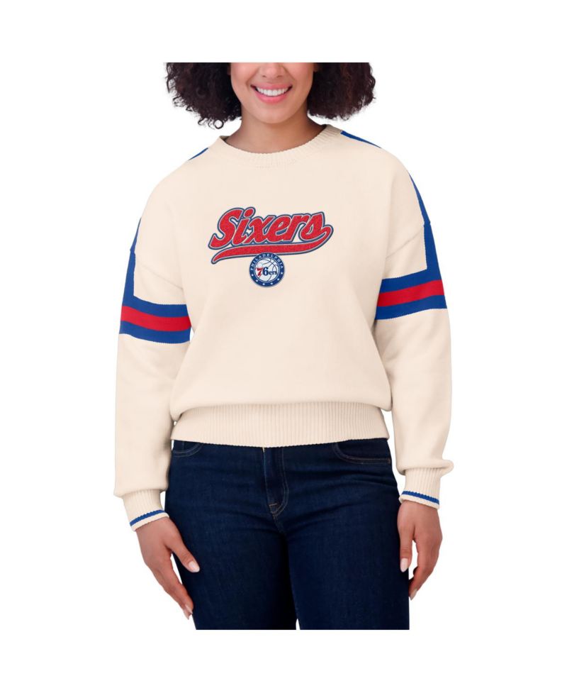 Women's Cream Philadelphia 76ers Stripe Pullover Sweater