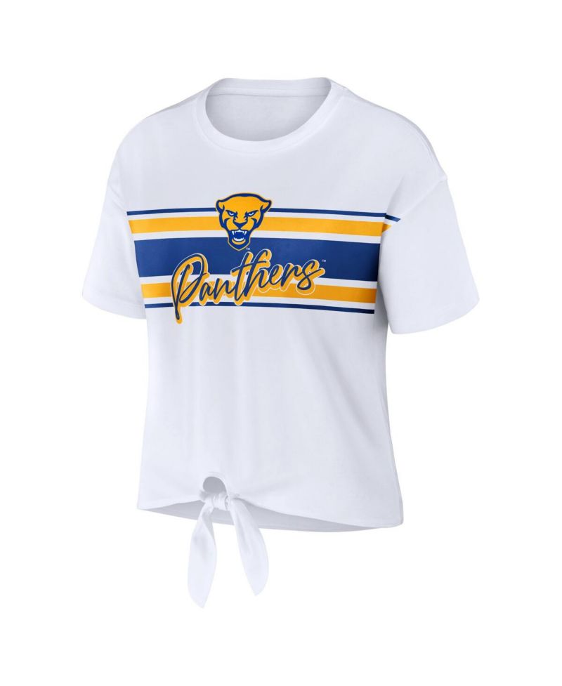 Women's White Pitt Panthers Striped Front Knot Cropped T-shirt