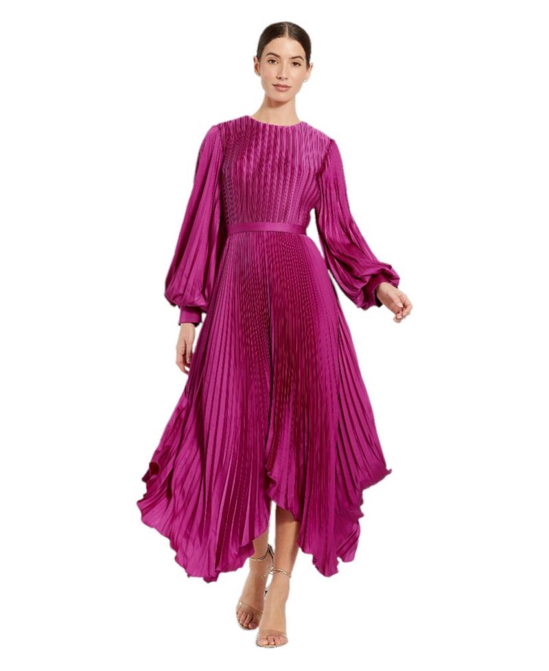 Women's Long Sleeve Pleated Charmeuse Handkerchief Midi Dress