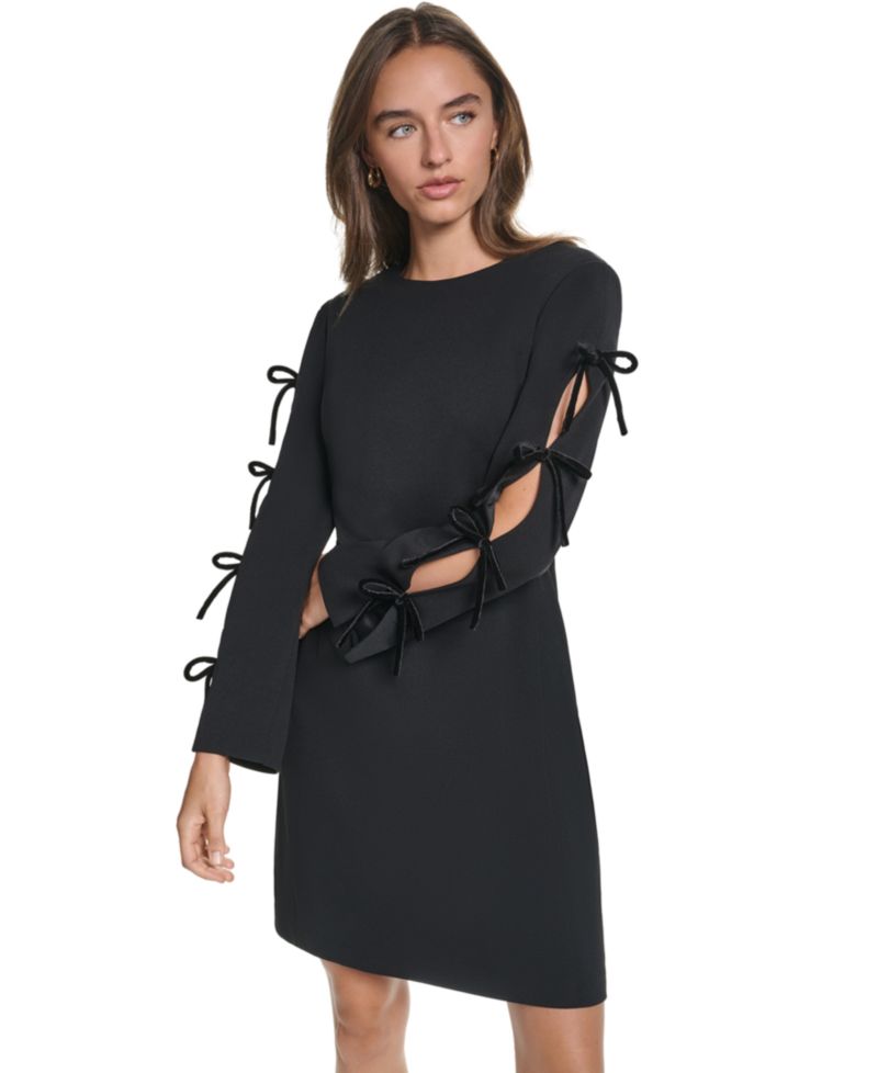 Women's Long-Sleeve A-Line Scuba Crepe Dress with Velvet Bow