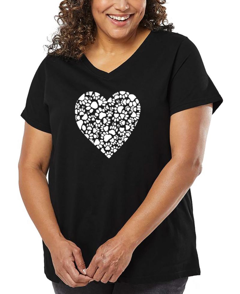 Plus Size Paw Prints Heart Word Art V-Neck T-Shirt