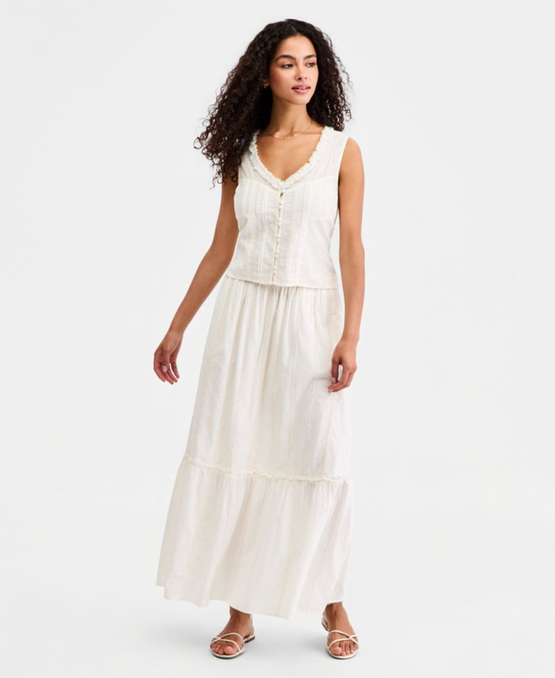 Women's Embroidered Tiered Cotton Pull-On Maxi Skirt