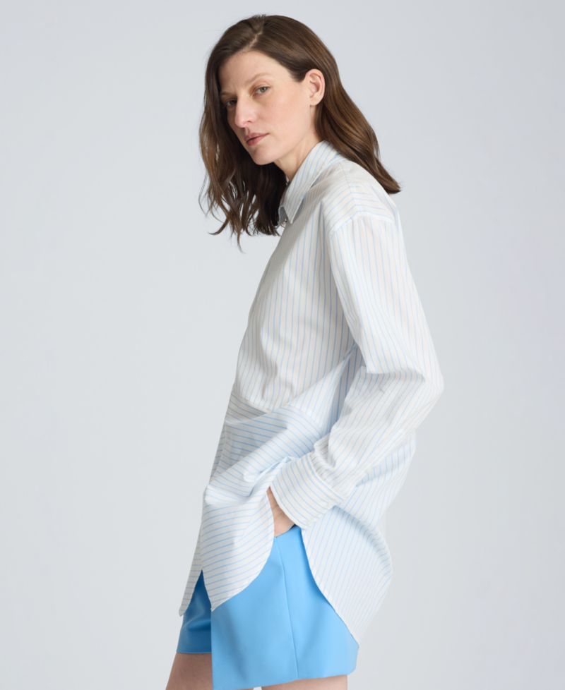 Women's Half Zip Front Paneled Long Sleeve Poplin Shirt