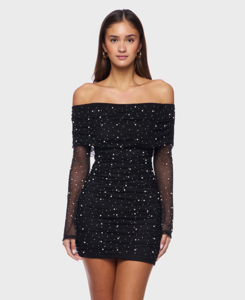 Juniors Off-the-Shoulder Short Dress with Long Sleeves and Pearl Detail