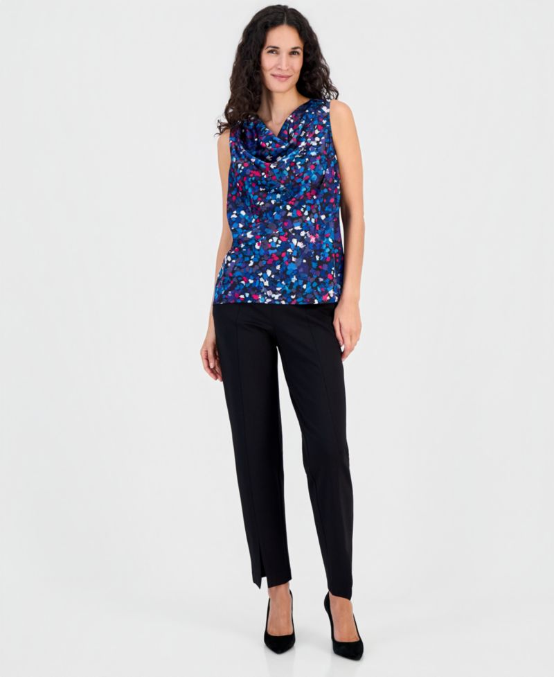 Women's Printed Pleated Cowlneck Sleeveless Top