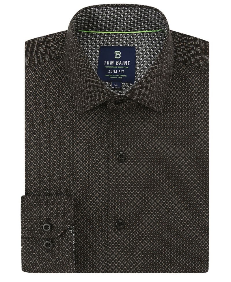Men's Slim Fit Performance Long Sleeve Geometric Button Down Dress Shirt