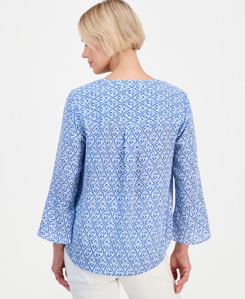 Petite Printed Pintuck Bell-Sleeve Top