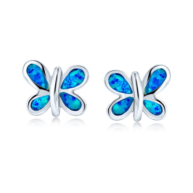 Petite Butterfly Stud Earrings Created Blue Opal Inlay .925 Sterling Silver