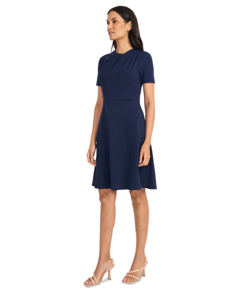 Women's Solid Asymmetric-Neck Flared Work Dress