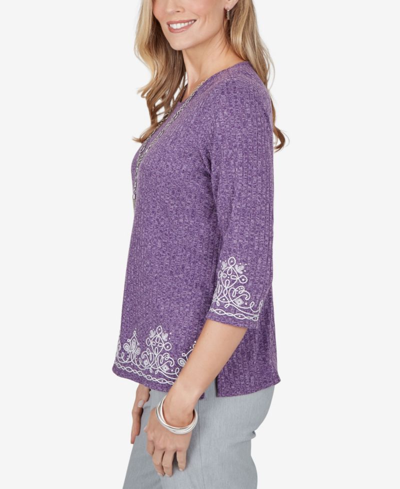 Petite 3/4-Sleeve Embroidered Side-Slit Blouse