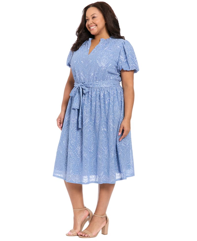 Plus Size Short-Sleeve Notch Neck Midi Dress