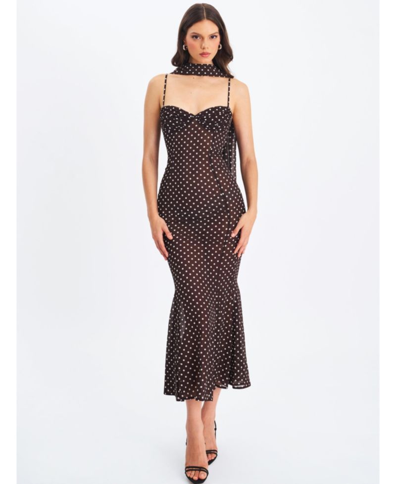 Women's Yadira Brown Base Polka Dot Chiffon Maxi Dress