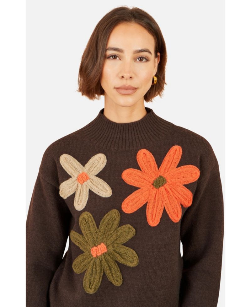 Women's Applique Flowers High Neck Jumper