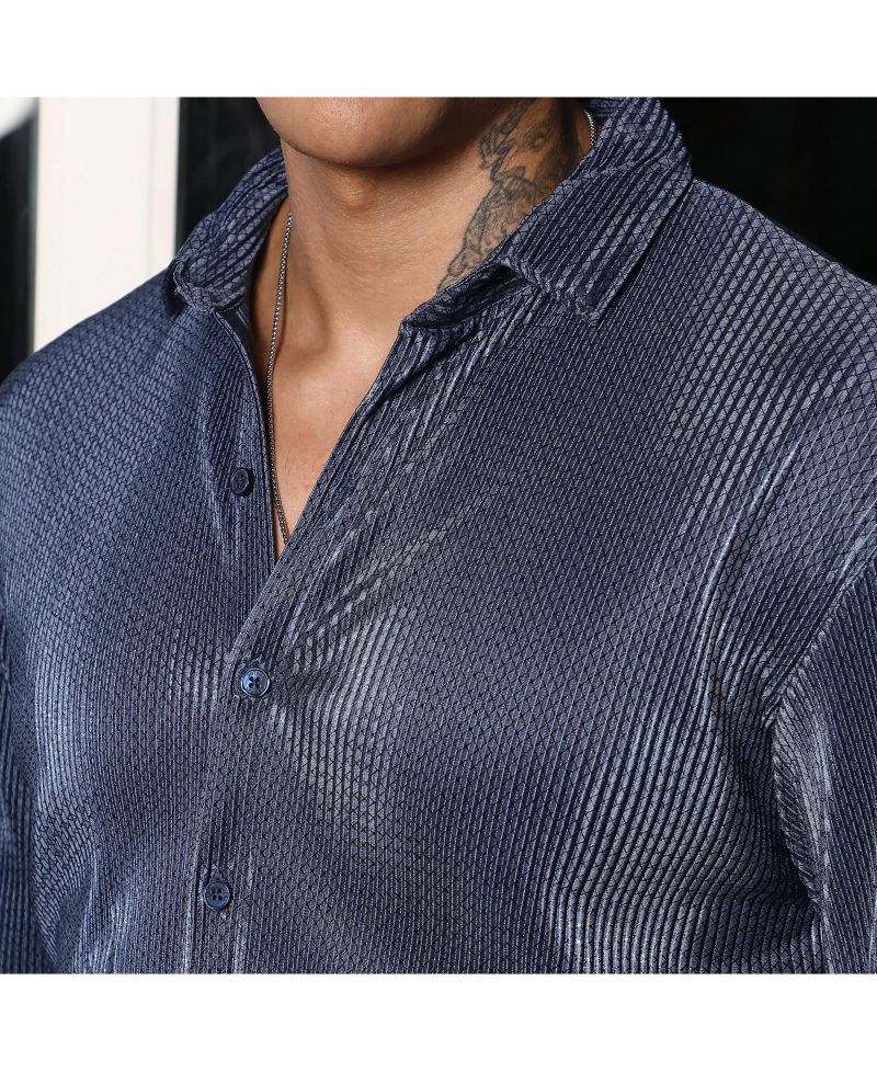 Men's Navy Blue Textured-Pleat Shirt