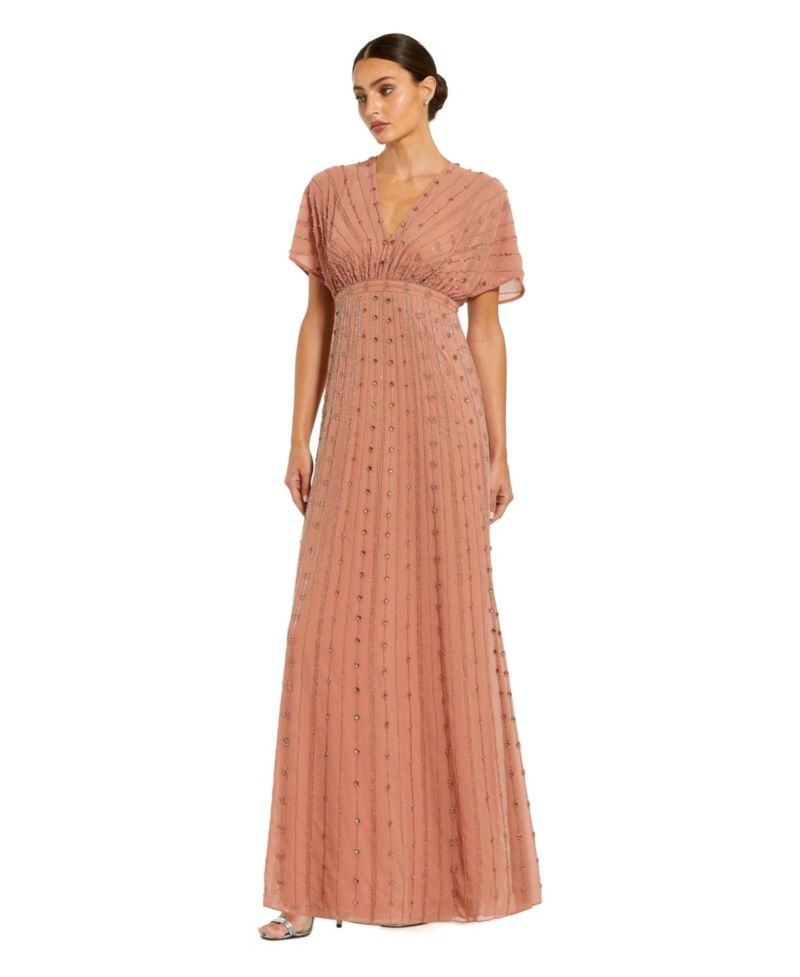 Women's Beaded Short Sleeve V-Neck Empire Waist Gown