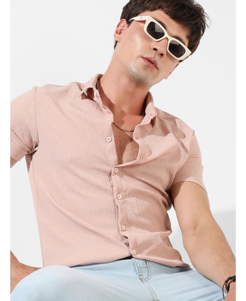 Men's Peach Textured Regular Fit Casual Shirt