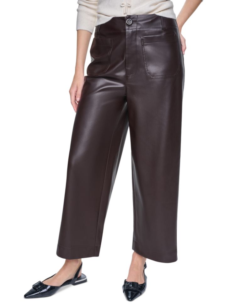 Women's High-Rise Cropped Faux Leather Wide-Leg Pants