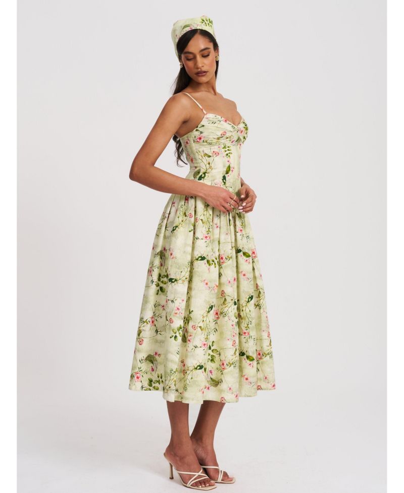 Women's Jacinda Green Floral Print Ruched Breast Linen Midi Dress