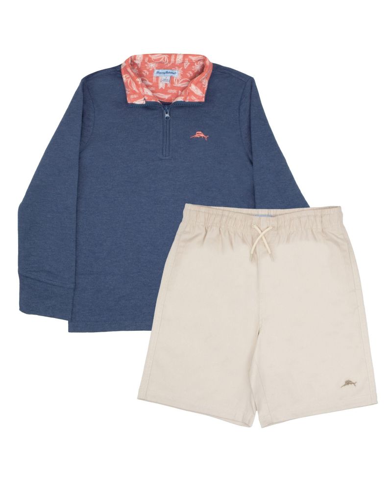 Little Boys 2 Piece Quarter Zip Long Sleeve Sweater and Shorts Back to School Set