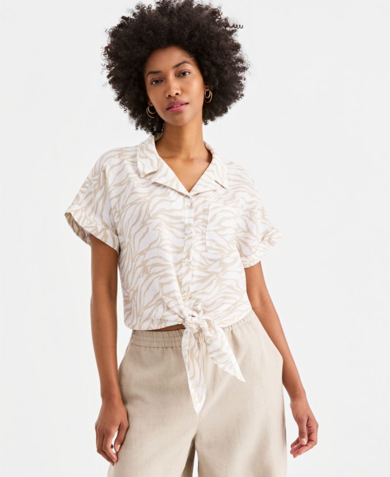 Petite Linen Tie-Front Top