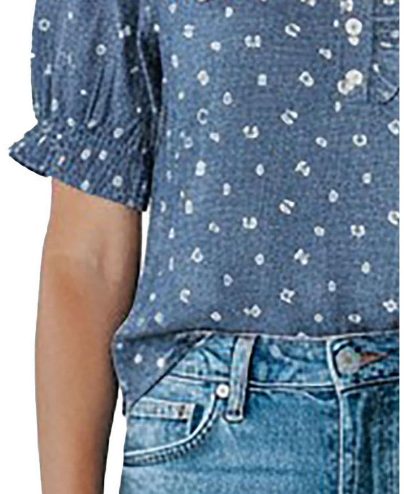 Women's Chambray Puff-Sleeve Floral-Print Blouse