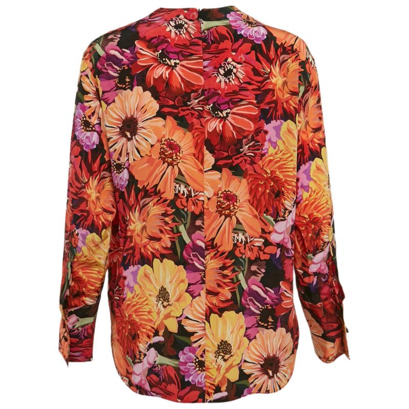 Women's Red Poppy Print Silk Long Sleeve Blouse