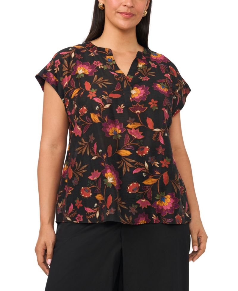 Plus Size Printed V-Neck Short-Sleeve Blouse